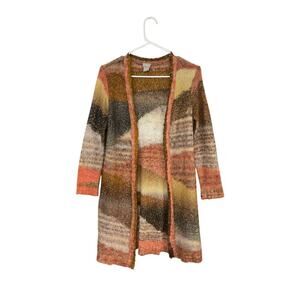 Chico's Boho Women's Long Duster Sweater Cardigan Size Small Sunset Orange Brown